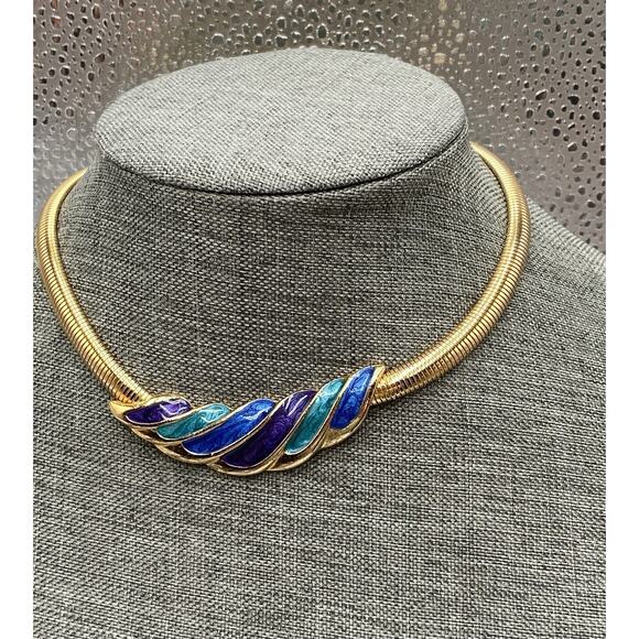 Necklace Chocker Serpentine Chain Swirl Gold Tone Enamel 15” Vintage - Picture 1 of 9